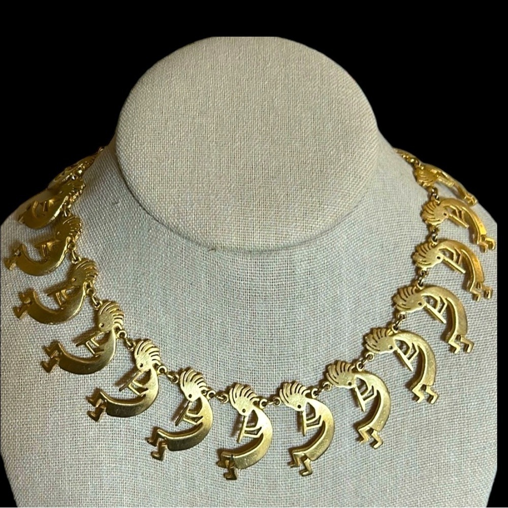 Kachina-KoKopelli Native American Choker Style Necklace in Brushed Gold Tone